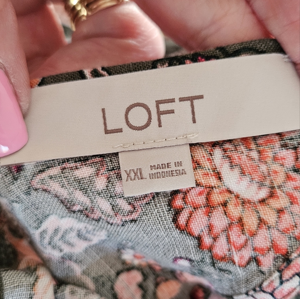 LOFT Olive Floral Halter Tank Top with Pink & Peach Flowers - Picture 7 of 12